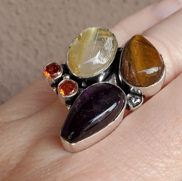 New Amethyst, Golden Rutile, Tiger Eye and Garnet 925 Silver Ring. - Picture 3 of 15